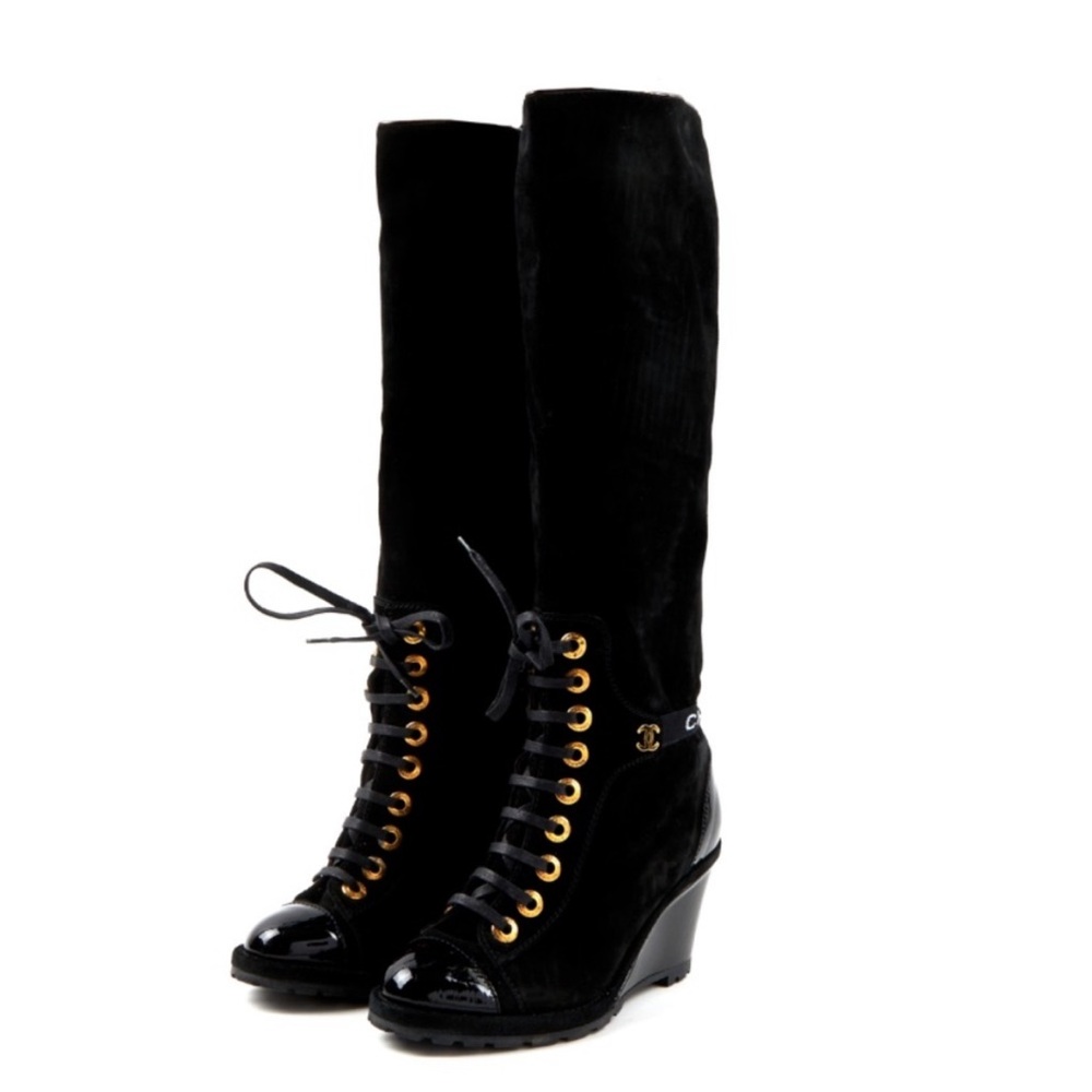 CHANEL Black Lace-Up Wedge Boots w/ Gold Accents Distressed NATURAL Deerskin